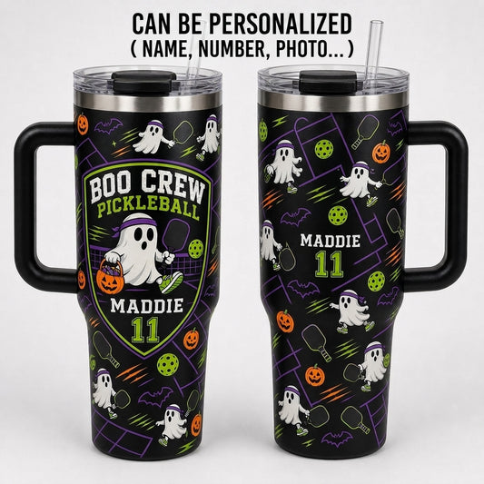 Personalized Boo Crew Pickleball Halloween Ghost 40oz Tumbler with Handle - Custom Name & Number Gift