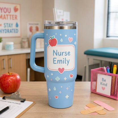 Personalized School Nurse Hydration Station 40oz Tumbler with Handle - Custom Name Blue Nurse Gift