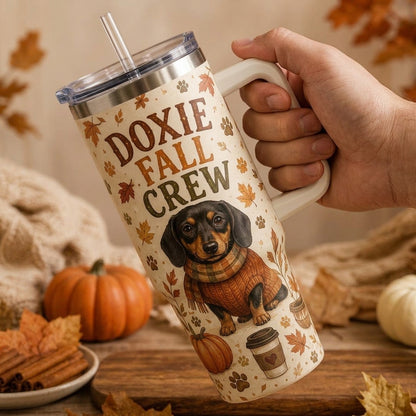 Doxie Fall Crew 40oz Tumbler with Handle - Pumpkin Spice Dachshund Fall Dog Lover Gift