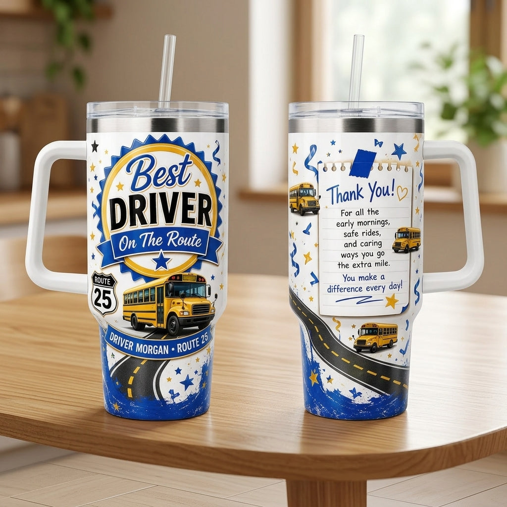 Personalized School Bus Driver 40oz Tumbler with Handle - Custom Name Appreciation Gift