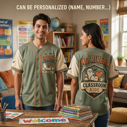 Personalized Spooky Support Crew Baseball Jersey - Custom Classroom Aide Ghost Halloween Shirt for Teachers