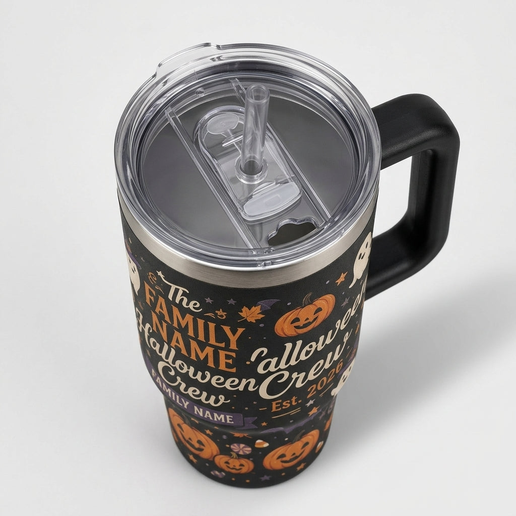 Personalized Halloween Crew 40oz Tumbler with Handle - Custom Family Name Ghost & Pumpkin Insulated Mug