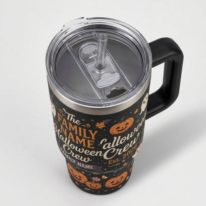 Personalized Halloween Crew 40oz Tumbler with Handle - Custom Family Name Ghost & Pumpkin Insulated Mug