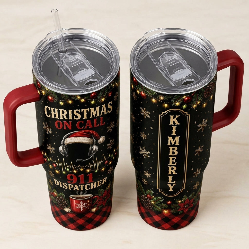 Personalized 911 Dispatcher Christmas 40oz Tumbler with Handle, Custom Name Holiday Gift