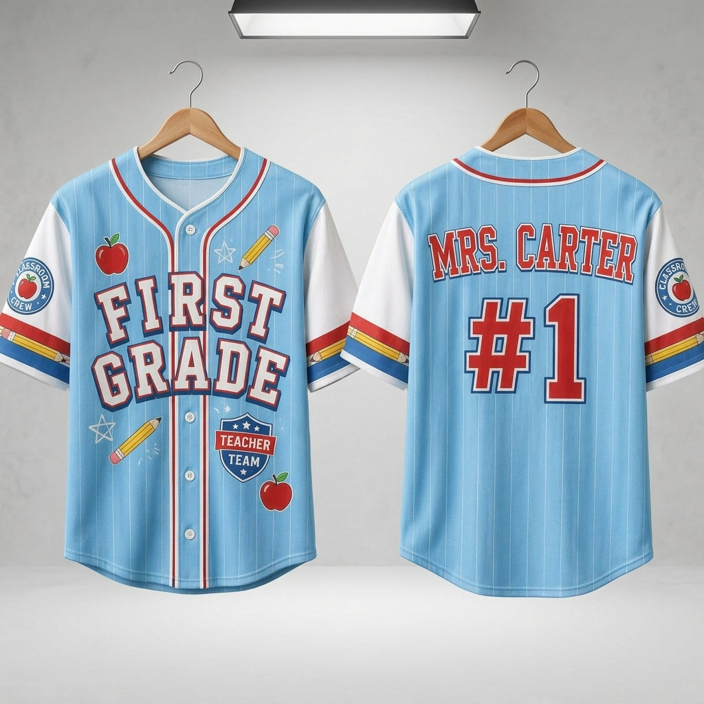 Personalized First Grade Teacher Baseball Jersey - Custom Name Back to School Outfit - Light Blue Pinstripe Teacher Team Apparel