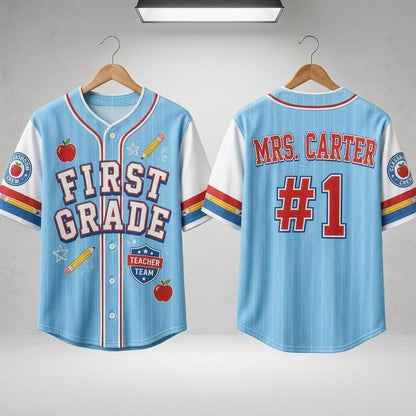 Personalized First Grade Teacher Baseball Jersey - Custom Name Back to School Outfit - Light Blue Pinstripe Teacher Team Apparel