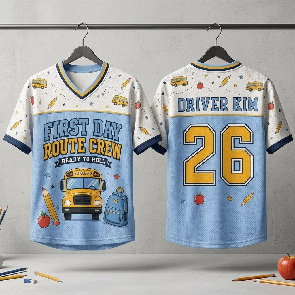 Personalized School Bus Driver Football Jersey - Custom Name & Number First Day Route Crew Mesh Shirt