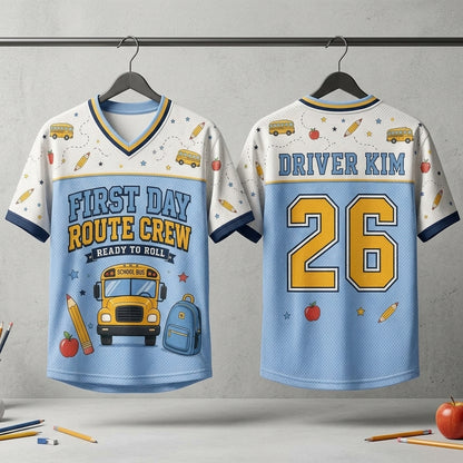 Personalized School Bus Driver Football Jersey - Custom Name & Number First Day Route Crew Mesh Shirt