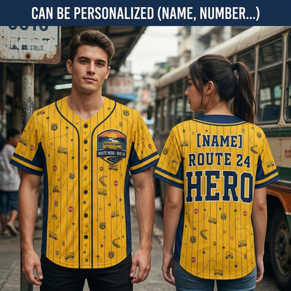 Personalized School Bus Driver Baseball Jersey - Custom Name Route Hero Yellow & Navy Athletic Shirt