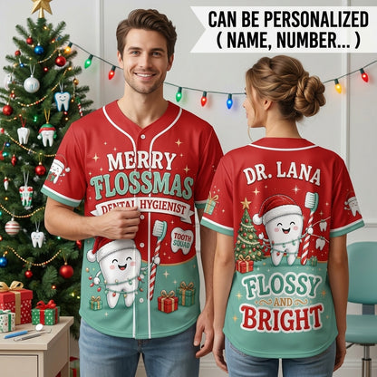 Personalized Merry Flossmas Dental Hygienist Baseball Jersey - Custom Name Christmas Tooth Squad Shirt