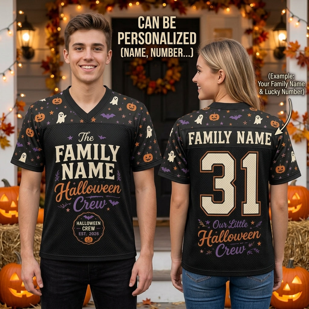 Personalized Family Name Halloween Crew Football Jersey - Custom Spooky Team Shirt