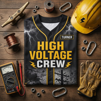 Personalized High Voltage Crew Baseball Jersey - Custom Name Lineman Gift - Storm Ready Grid Crew Athletic Shirt