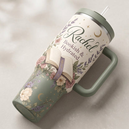 Personalized Bookish and Hydrated 40oz Tumbler with Handle - Custom Name Floral Book Lover Gift