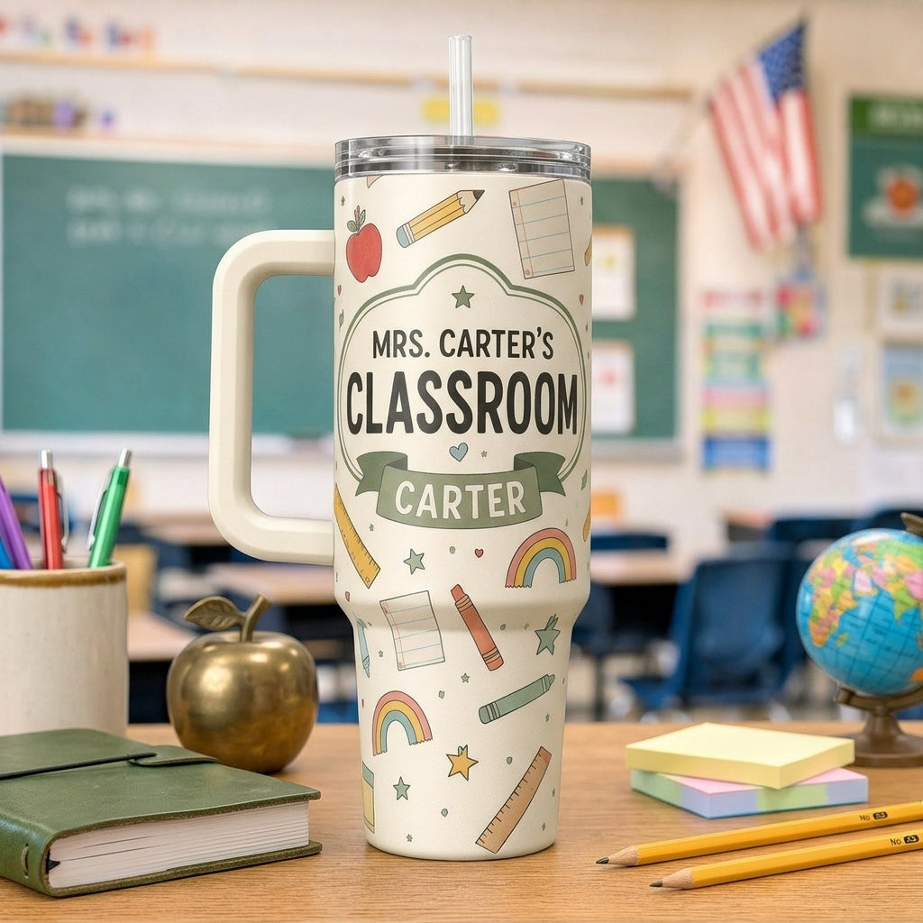 Personalized Teacher 40oz Tumbler with Handle, Custom Name Teach Love Inspire Classroom Gift