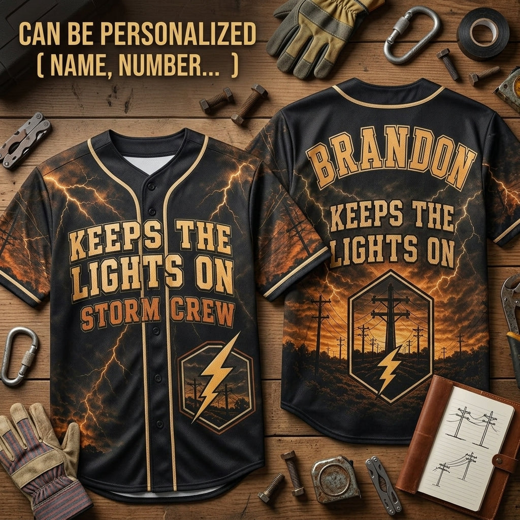 Personalized Lineman Storm Crew Baseball Jersey - Keeps The Lights On Custom Name Shirt