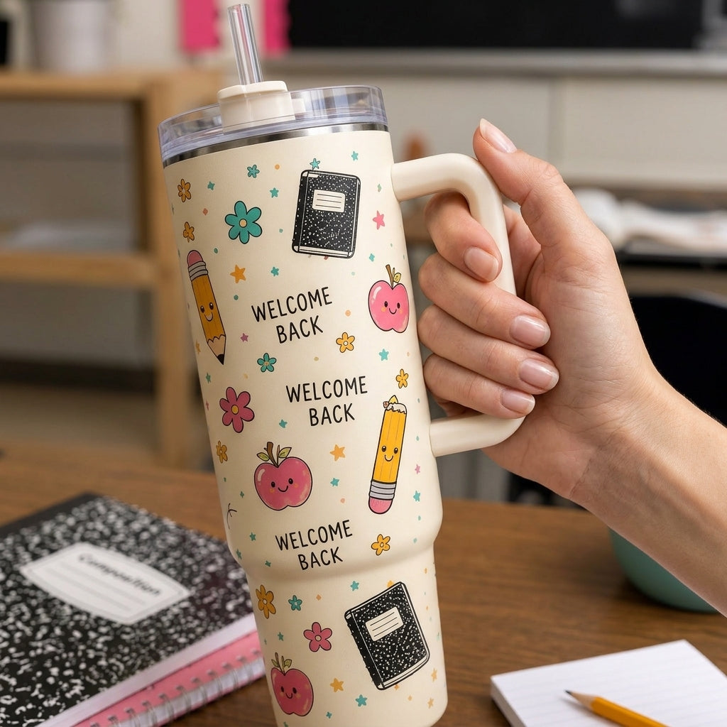 Personalized Teacher Gift - Happy To See Your Face 40oz Tumbler with Handle - Custom Name School Travel Mug