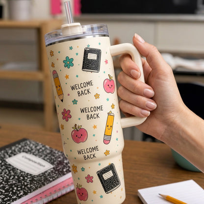 Personalized Teacher Gift - Happy To See Your Face 40oz Tumbler with Handle - Custom Name School Travel Mug