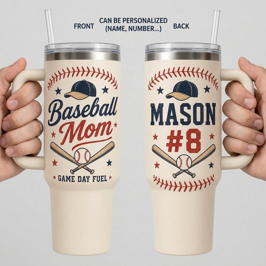 Personalized Baseball Mom 40oz Tumbler with Handle - Custom Name and Number Game Day Fuel Mug
