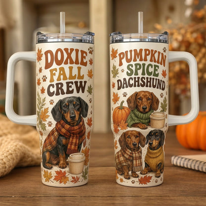 Doxie Fall Crew 40oz Tumbler with Handle, Pumpkin Spice Dachshund Autumn Travel Mug, Gift for Dog Lovers