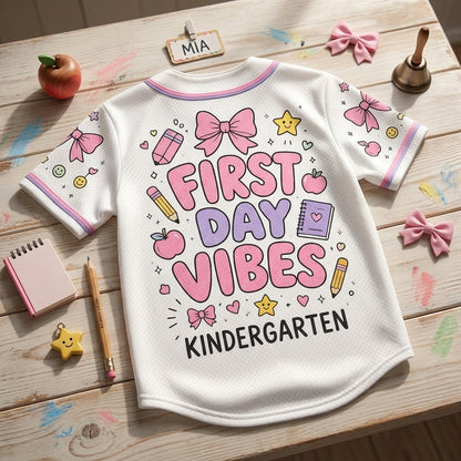 Personalized Kindergarten First Day Vibes Baseball Jersey - Custom Back to School Teacher & Student Gift