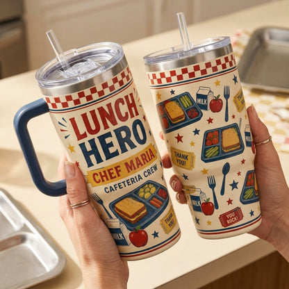 Personalized Lunch Hero 40oz Tumbler with Handle - Custom Name Cafeteria Crew Gift