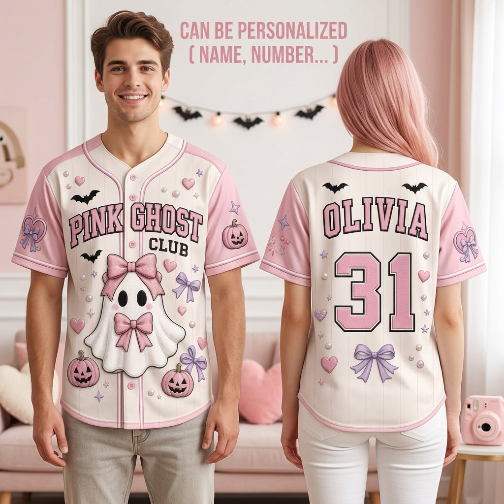 Personalized Pink Ghost Club Baseball Jersey - Custom Name and Number Kawaii Coquette Halloween Outfit product view 2