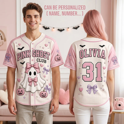 Personalized Pink Ghost Club Baseball Jersey - Custom Name and Number Kawaii Coquette Halloween Outfit product view 2