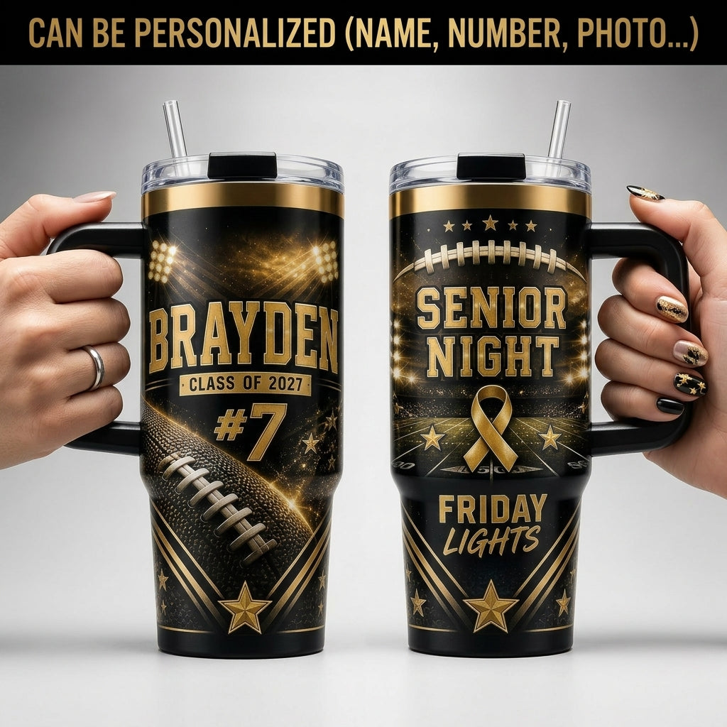 Personalized Football Senior Night 40oz Tumbler with Handle - Custom Name, Number, and Class Year