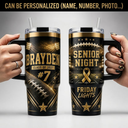 Personalized Football Senior Night 40oz Tumbler with Handle - Custom Name, Number, and Class Year