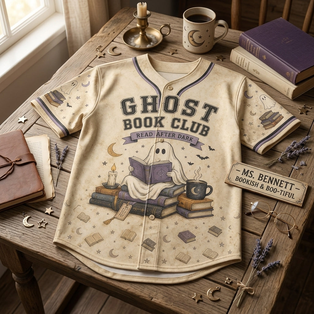 Personalized Ghost Book Club Baseball Jersey - Custom Name Spooky Bookish & Boo-tiful Shirt for Librarians and Teachers