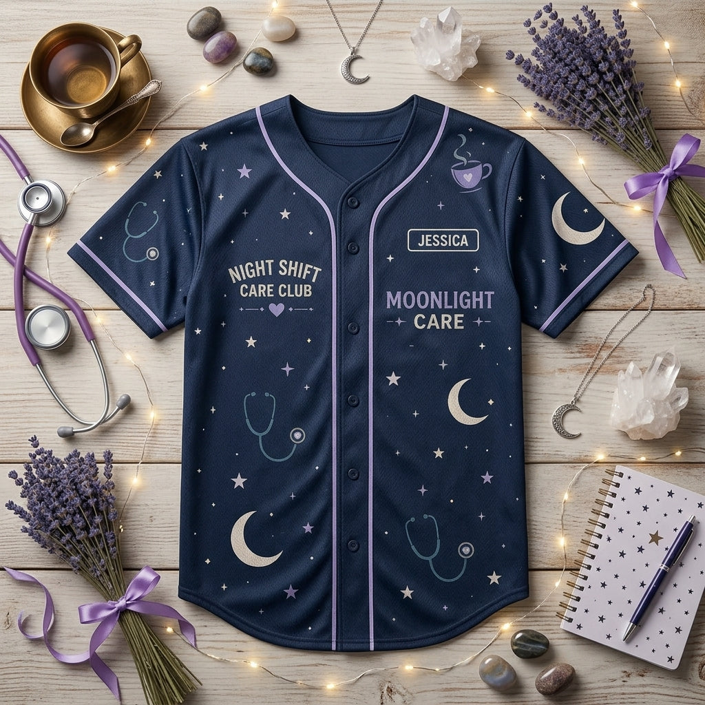 Personalized Night Shift Nurse Baseball Jersey Custom Name Moonlight Care Club Medical Gift