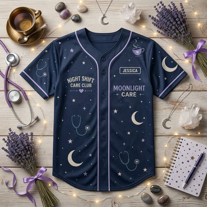 Personalized Night Shift Nurse Baseball Jersey Custom Name Moonlight Care Club Medical Gift