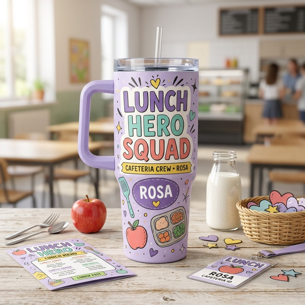 Personalized Lunch Hero Squad 40oz Tumbler with Handle, Custom Name Cafeteria Crew Gift for School Lunch Ladies