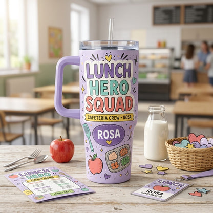 Personalized Lunch Hero Squad 40oz Tumbler with Handle, Custom Name Cafeteria Crew Gift for School Lunch Ladies