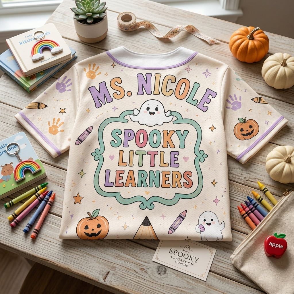 Personalized Tiny Humans Helper Teacher Halloween Baseball Jersey - Custom Name Spooky Little Learners Shirt