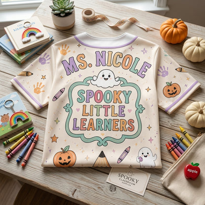 Personalized Tiny Humans Helper Teacher Halloween Baseball Jersey - Custom Name Spooky Little Learners Shirt
