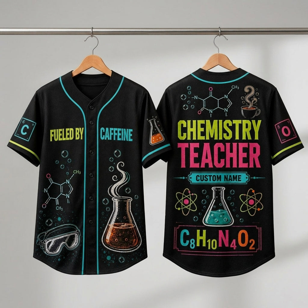 Personalized Chemistry Teacher Baseball Jersey - Custom Name Science Gift Fueled By Caffeine Design