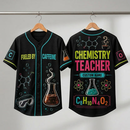 Personalized Chemistry Teacher Baseball Jersey - Custom Name Science Gift Fueled By Caffeine Design
