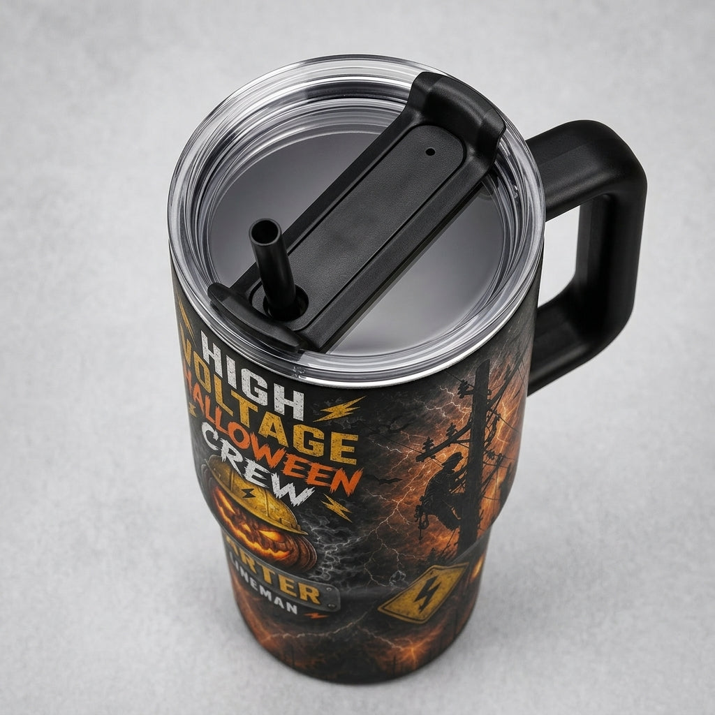 Personalized Lineman High Voltage Halloween Crew 40oz Tumbler with Handle - Custom Name Gift