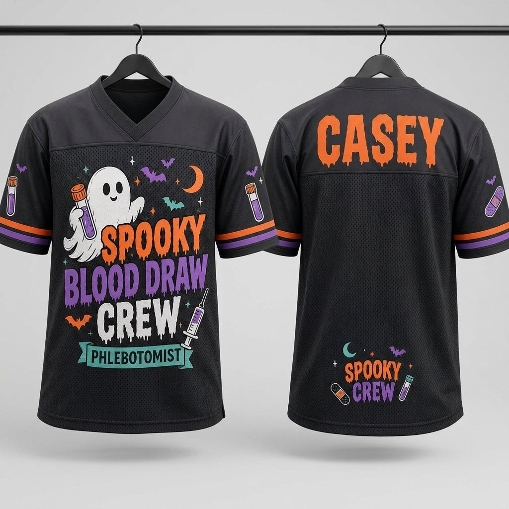Personalized Spooky Blood Draw Crew Football Jersey - Custom Name Phlebotomist Halloween Mesh Shirt