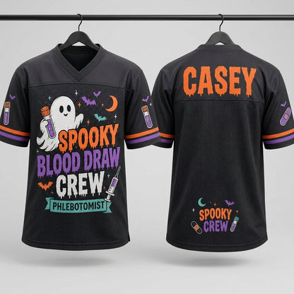 Personalized Spooky Blood Draw Crew Football Jersey - Custom Name Phlebotomist Halloween Mesh Shirt