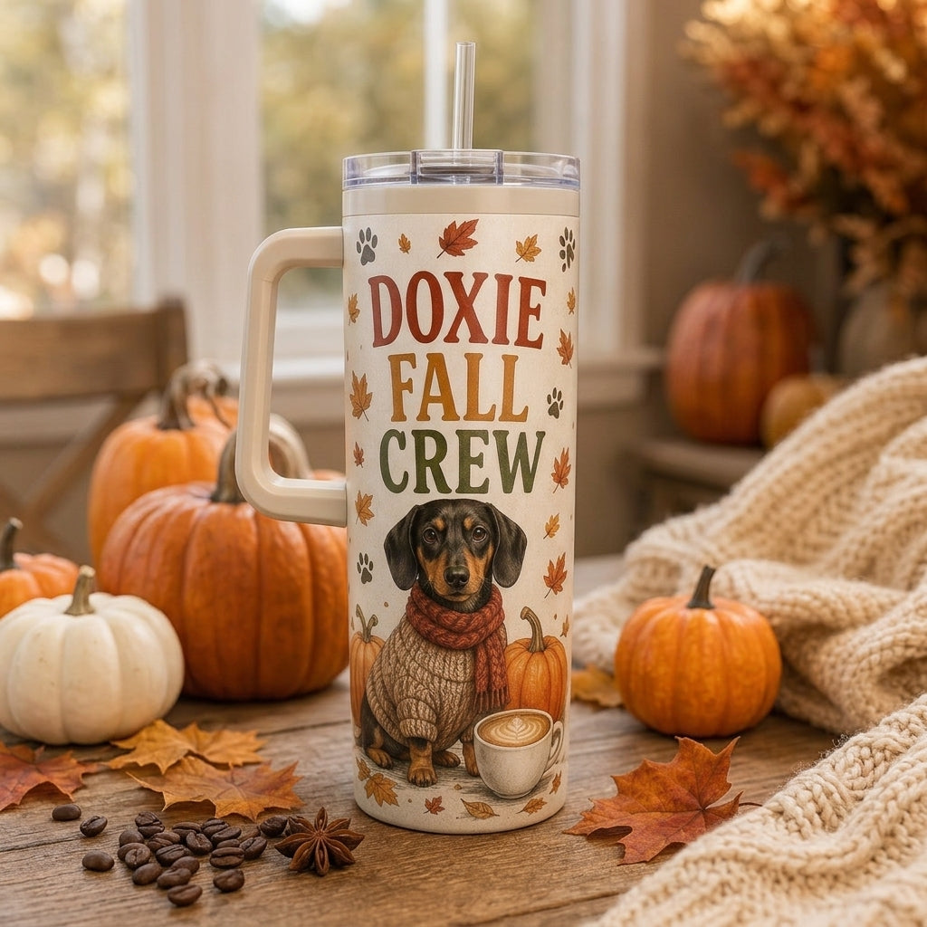 Personalized Doxie Fall Crew 40oz Tumbler with Handle - Pumpkin Spice Dachshund Dog Lover Gift