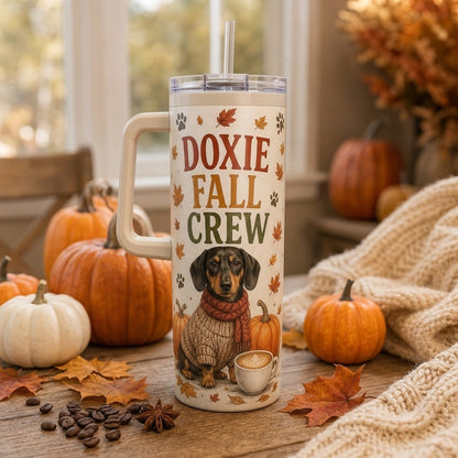 Personalized Doxie Fall Crew 40oz Tumbler with Handle - Pumpkin Spice Dachshund Dog Lover Gift