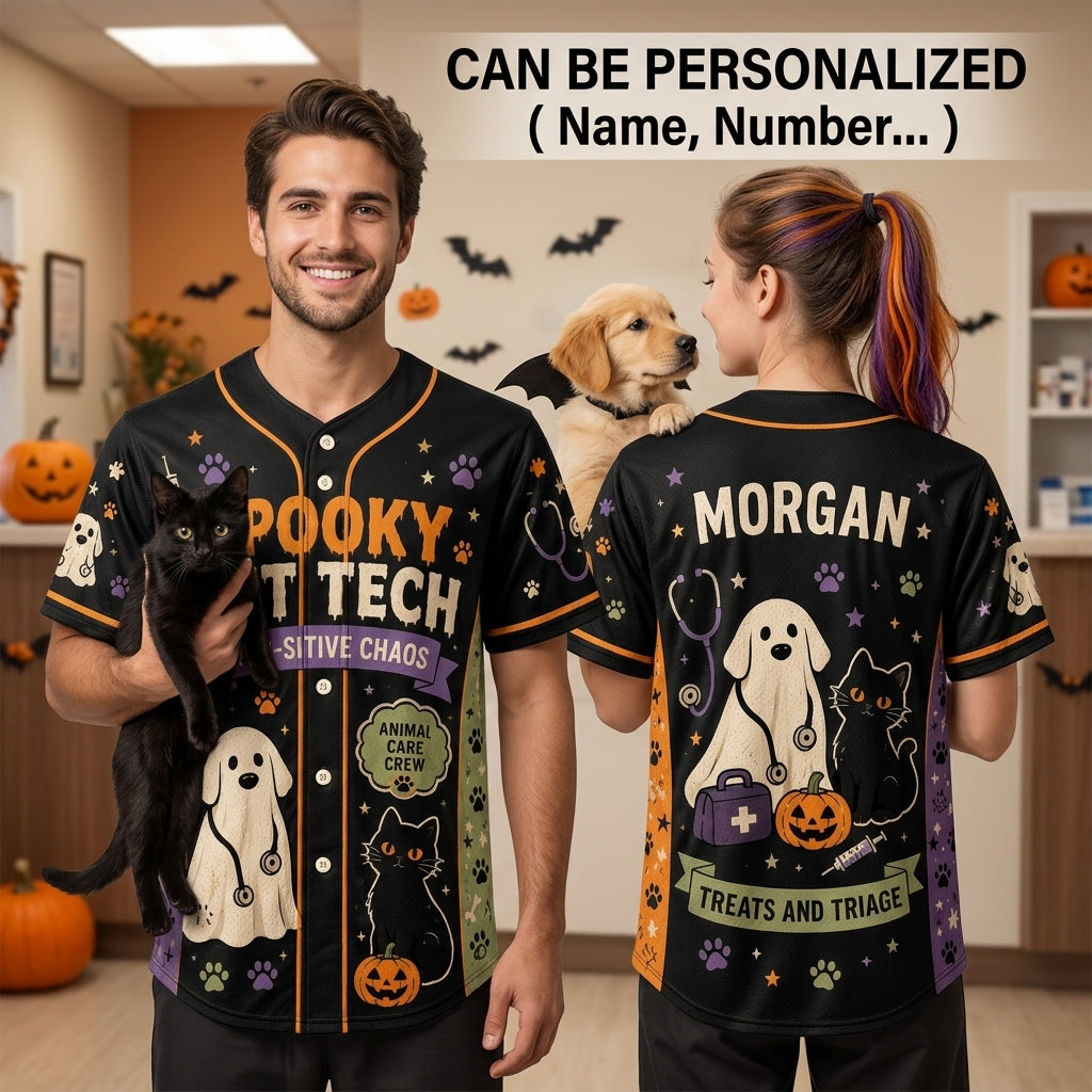 Personalized Spooky Vet Tech Halloween Baseball Jersey - Custom Name Veterinary Assistant Gift