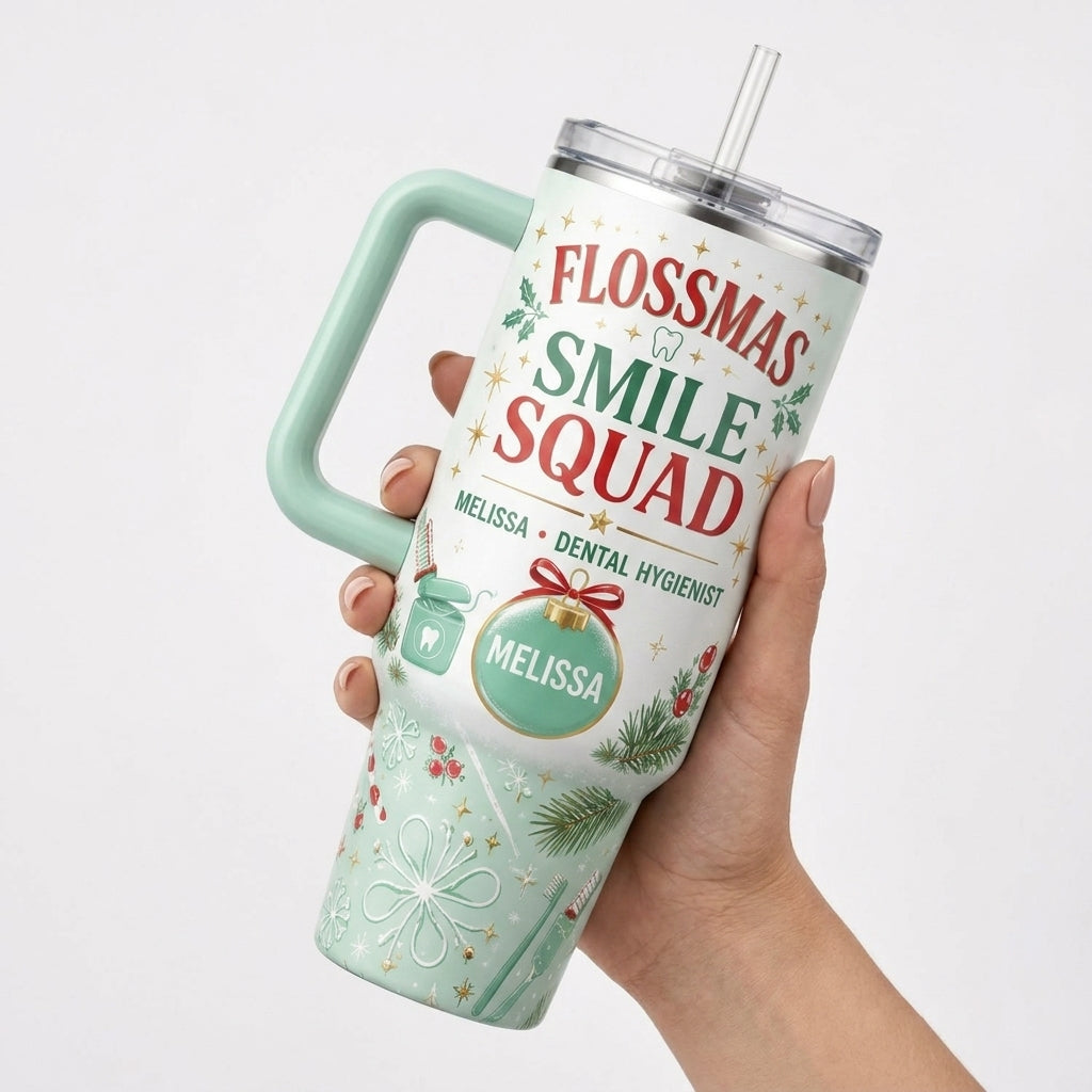 Personalized Flossmas Smile Squad 40oz Tumbler with Handle, Custom Dental Hygienist Christmas Gift