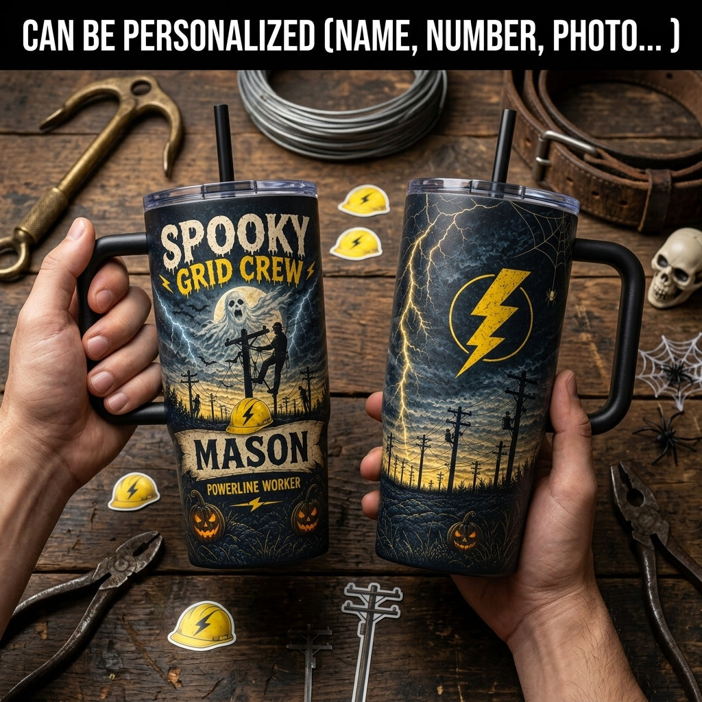 Personalized Spooky Grid Crew 40oz Tumbler with Handle, Custom Name Halloween Gift for Lineman Powerline Worker