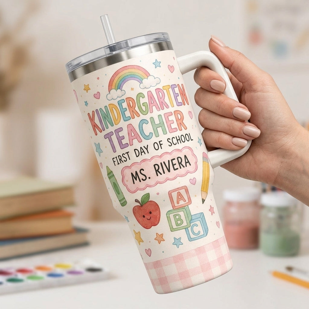 Personalized Kindergarten Teacher 40oz Tumbler with Handle - Custom First Day of School Gift for Teachers