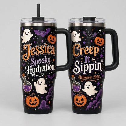 Personalized Halloween 40oz Tumbler with Handle - Custom Name Spooky Hydration Creep It Sippin Travel Mug