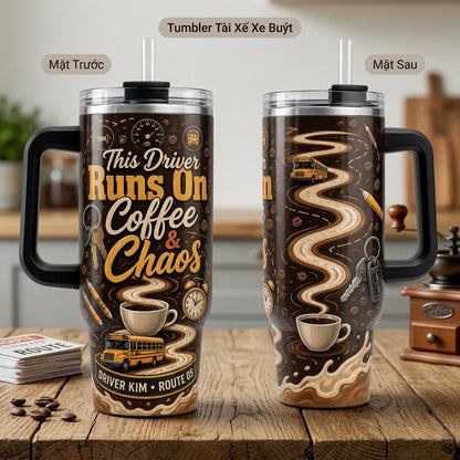 Personalized School Bus Driver 40oz Tumbler with Handle - Custom Name Coffee and Chaos Travel Mug