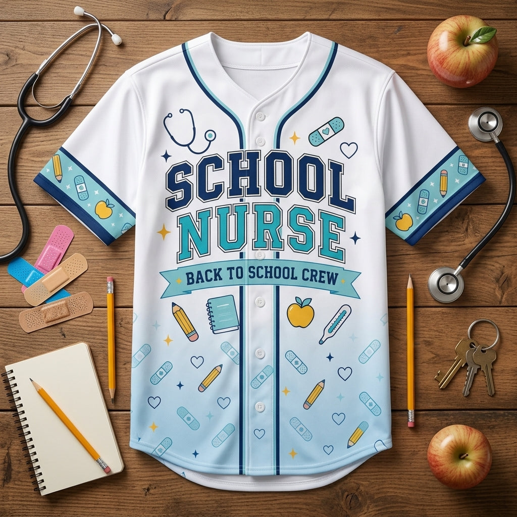 Personalized School Nurse Baseball Jersey - Custom Name Back to School Crew Athletic Shirt